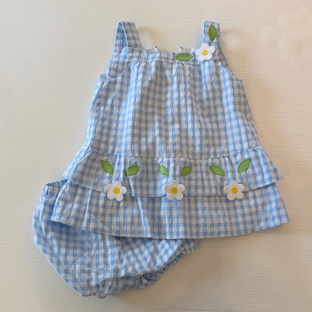Florence Eiseman Light Blue Gingham Dress with Floral Appliqués & Diaper Cover